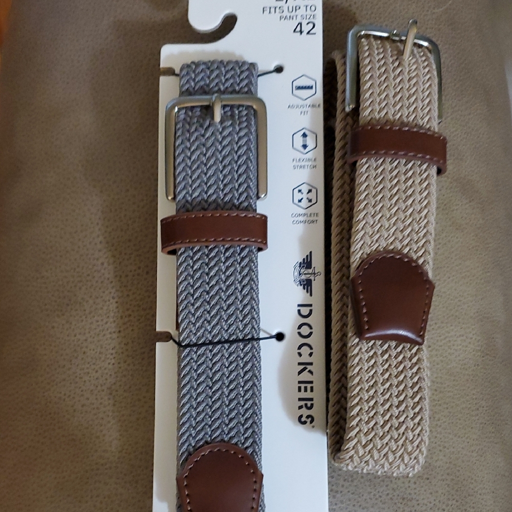 Dockers Lot Of 2 Stretch Belts , 1 Gray and 1 Tan L/XL Fits Pant Size Up To 42